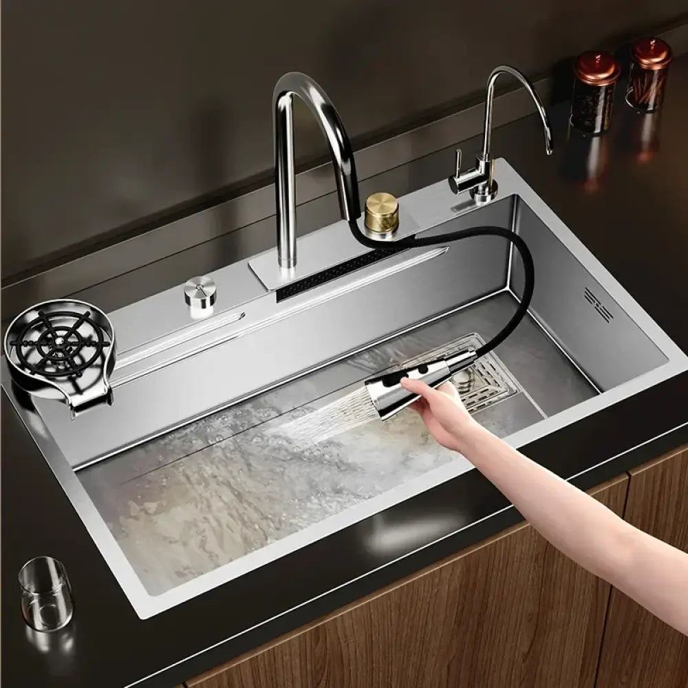 Évier cuisine 1 bac inox 304 avec robinet cascade – 68 à 80 cm – photo produit 2