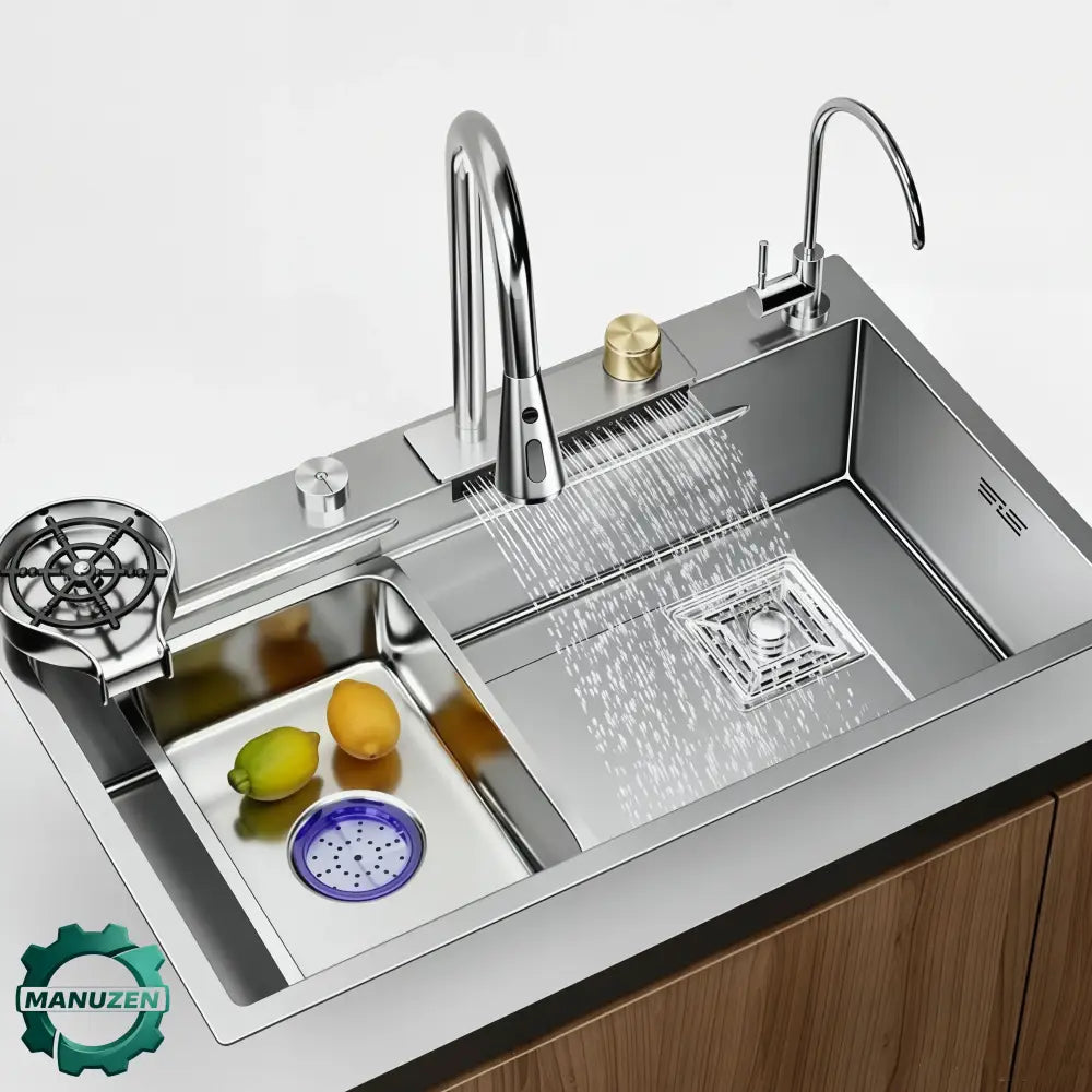 Évier cuisine 1 bac inox 304 avec robinet cascade – 68 à 80 cm – vue principale