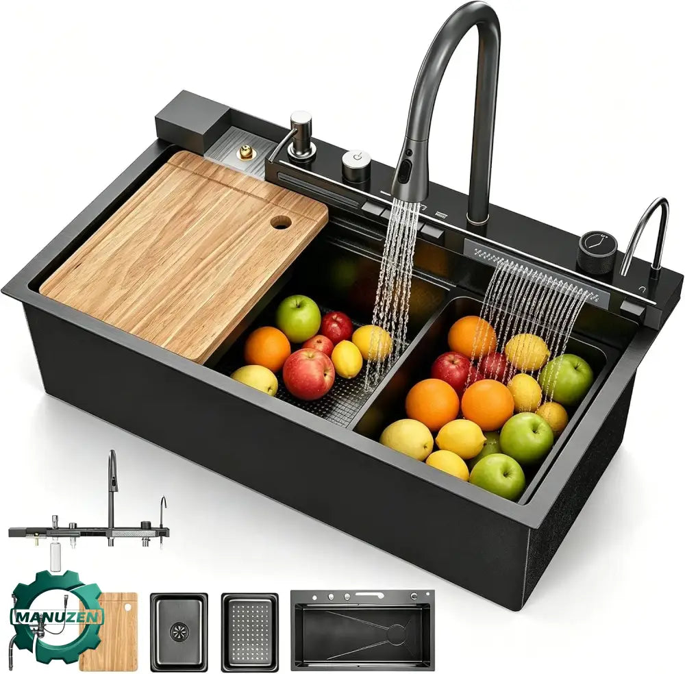 Évier de cuisine cascade noir 80 × 45 cm – inox et accessoires – vue 1