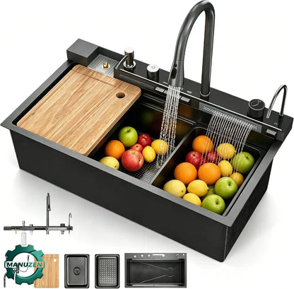 Évier de cuisine cascade noir 80 × 45 cm – inox et accessoires – vue 1