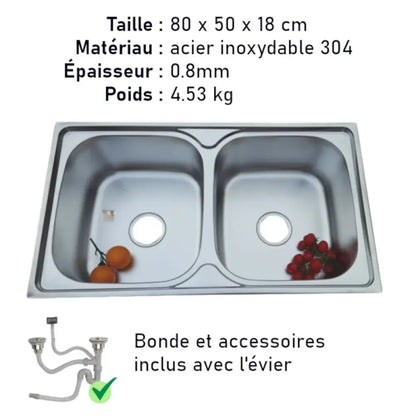 Évier inox double bac encastrable 80 × 50 cm – 2 trous – variante 0,8 mm