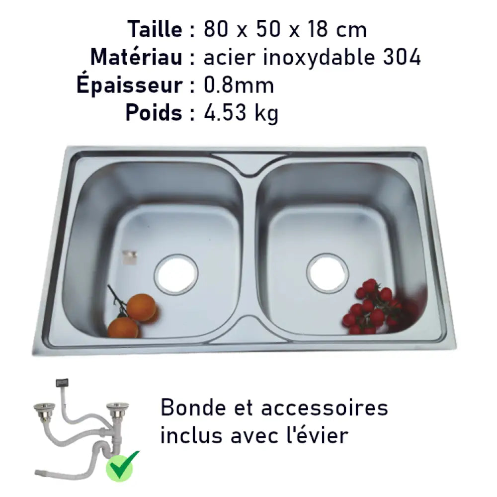 Évier inox double bac encastrable 80 × 50 cm – 2 trous – photo produit 2