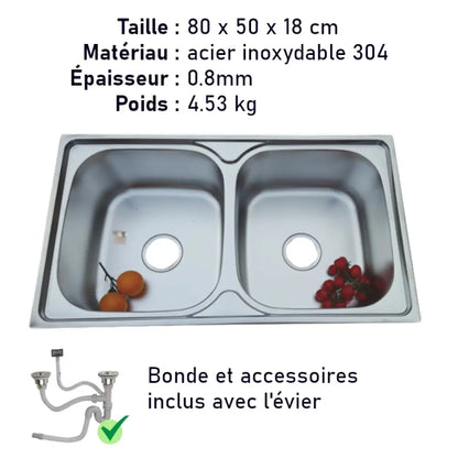 Évier inox double bac encastrable 80 × 50 cm – 2 trous – photo produit 2