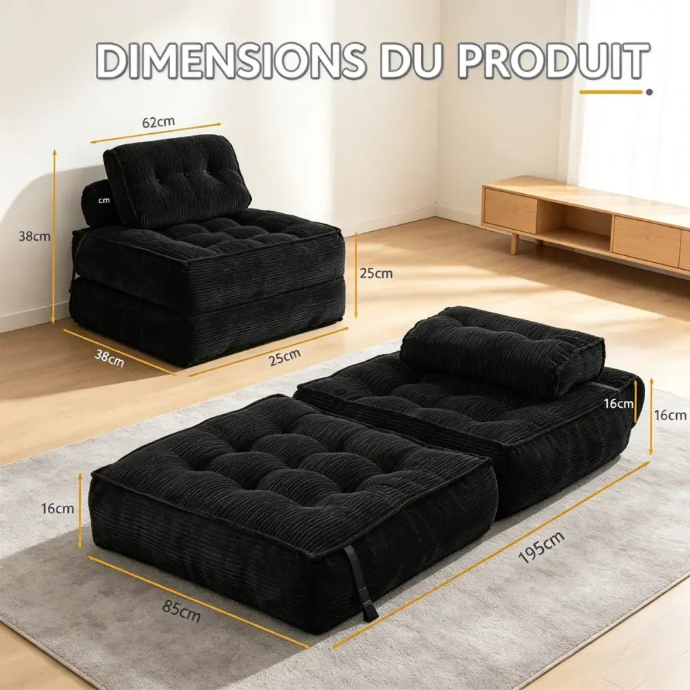 Fauteuil de sol convertible en lit – velours côtelé beige