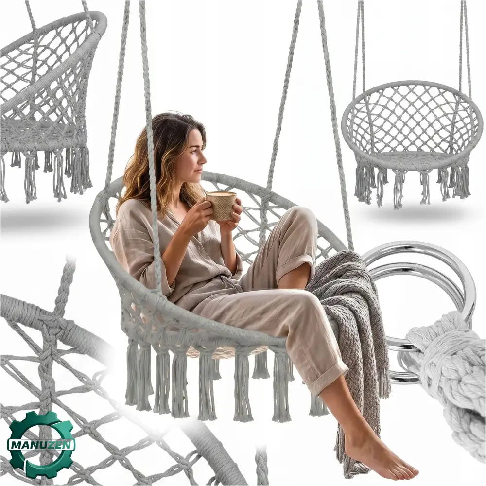 Fauteuil suspendu tressé bohème – gris ou blanc - Gris / Depuis la Pologne - fauteuil suspendu tressé