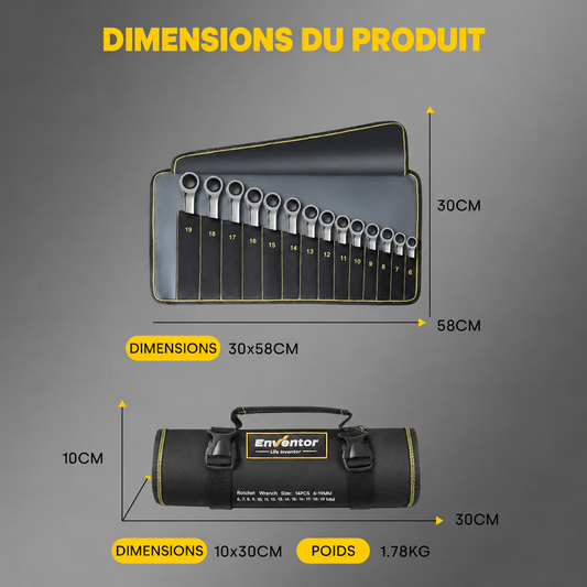 Jeu de clés à cliquet – dimensions en français