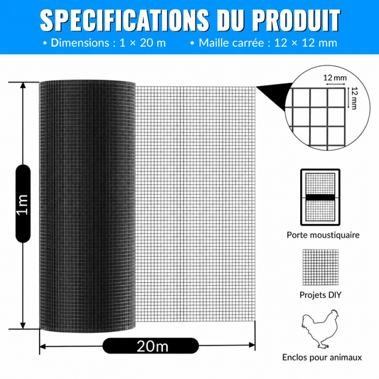 Grillage 12 mm × 20 m – spécifications en français
