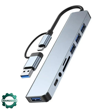 Hub USB et USB-C 8-en-2 avec lecteur de cartes et audio – vue principale
