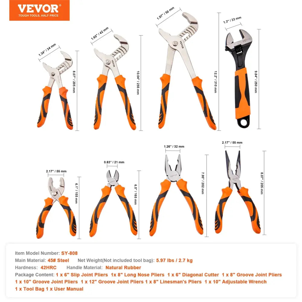 Jeu de pinces professionnel 8 pièces en acier 45 Coffret 8 outils – 6 à 12 po France