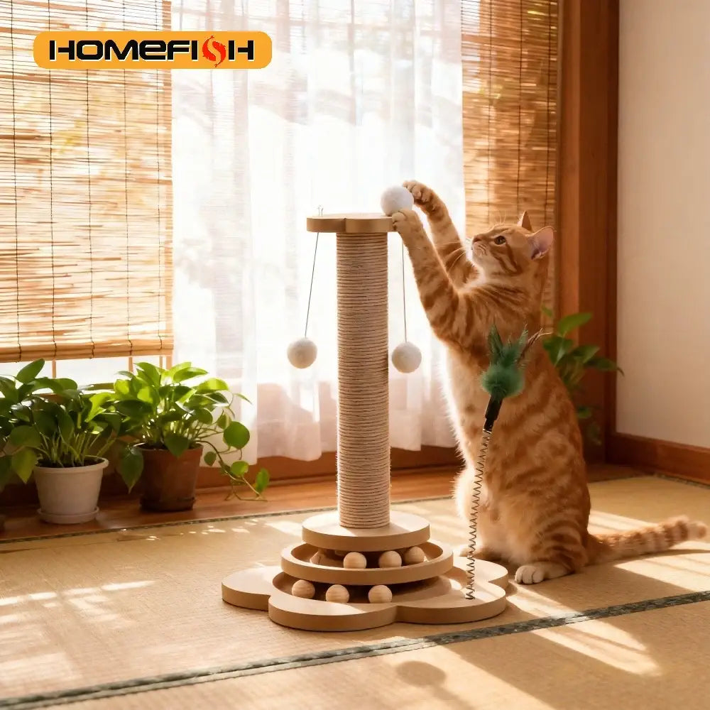 Jouet interactif pour chat en bois avec balles et sisal – photo produit 5