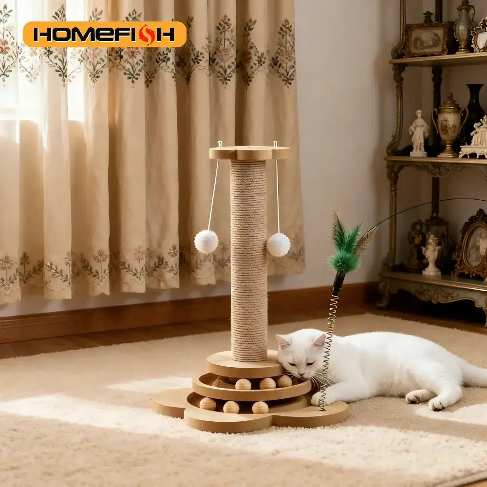Jouet interactif pour chat en bois avec balles et sisal – photo produit 4