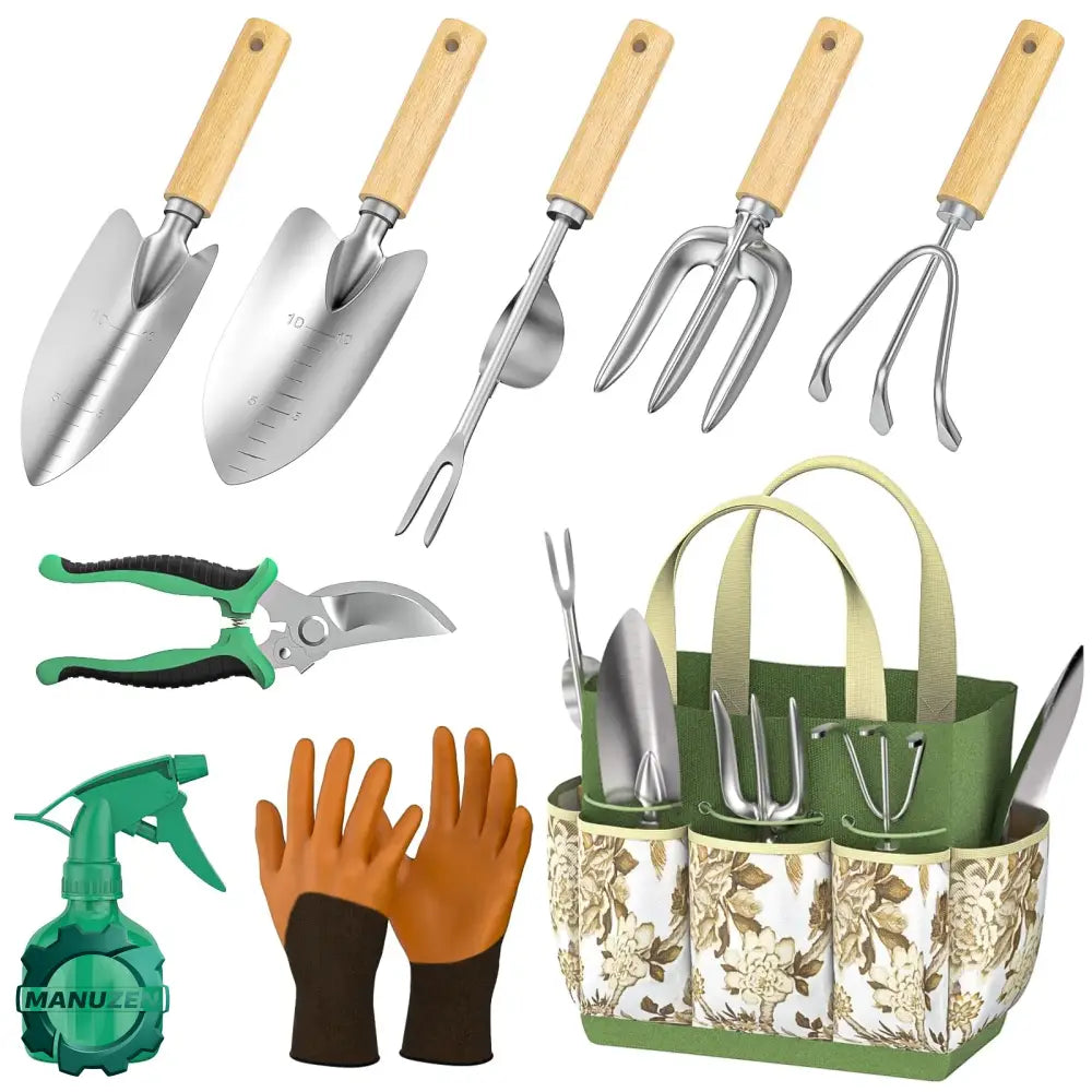 Kit d’outils de jardinage 9 pièces – acier inox et bois – vue 1