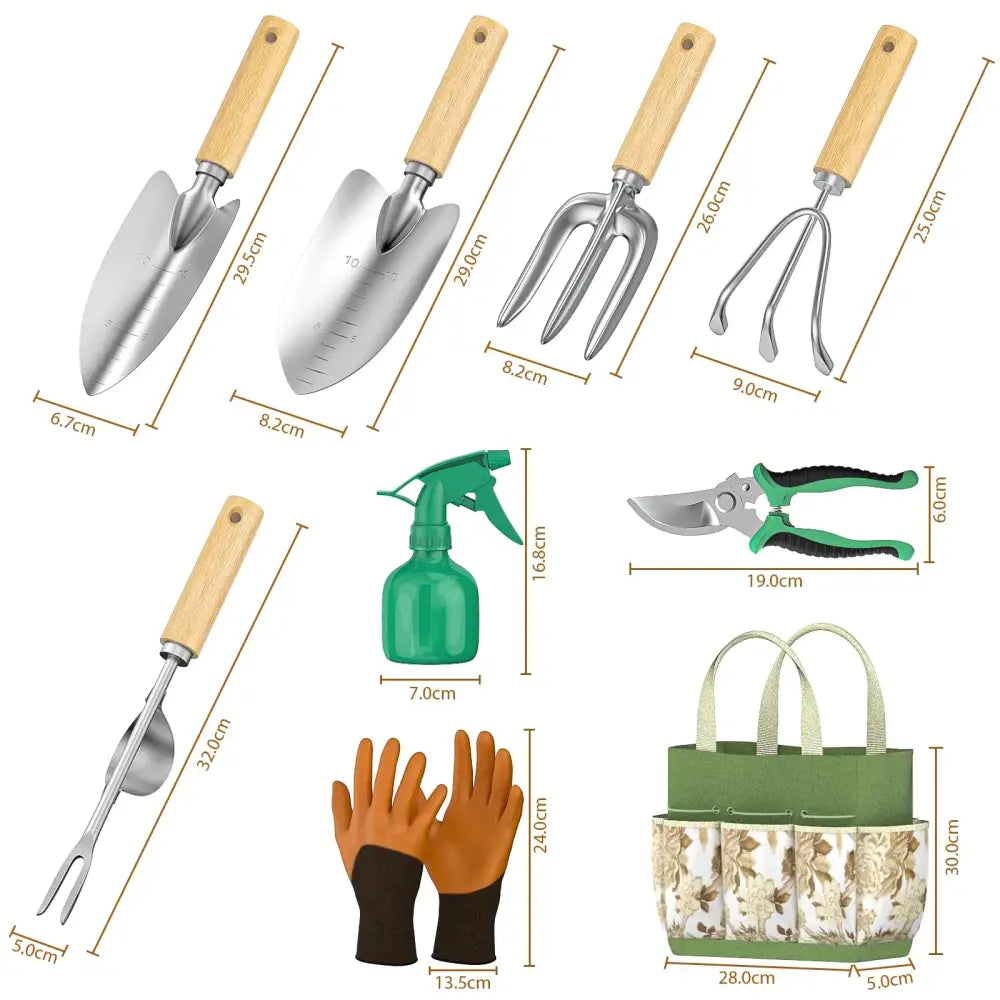 Kit d’outils de jardinage 9 pièces – acier inox et bois – vue 2