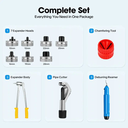 Kit expandeur de tube cuivre 10–28 mm – 7 têtes - Expandeur tube cuivre 7 têtes