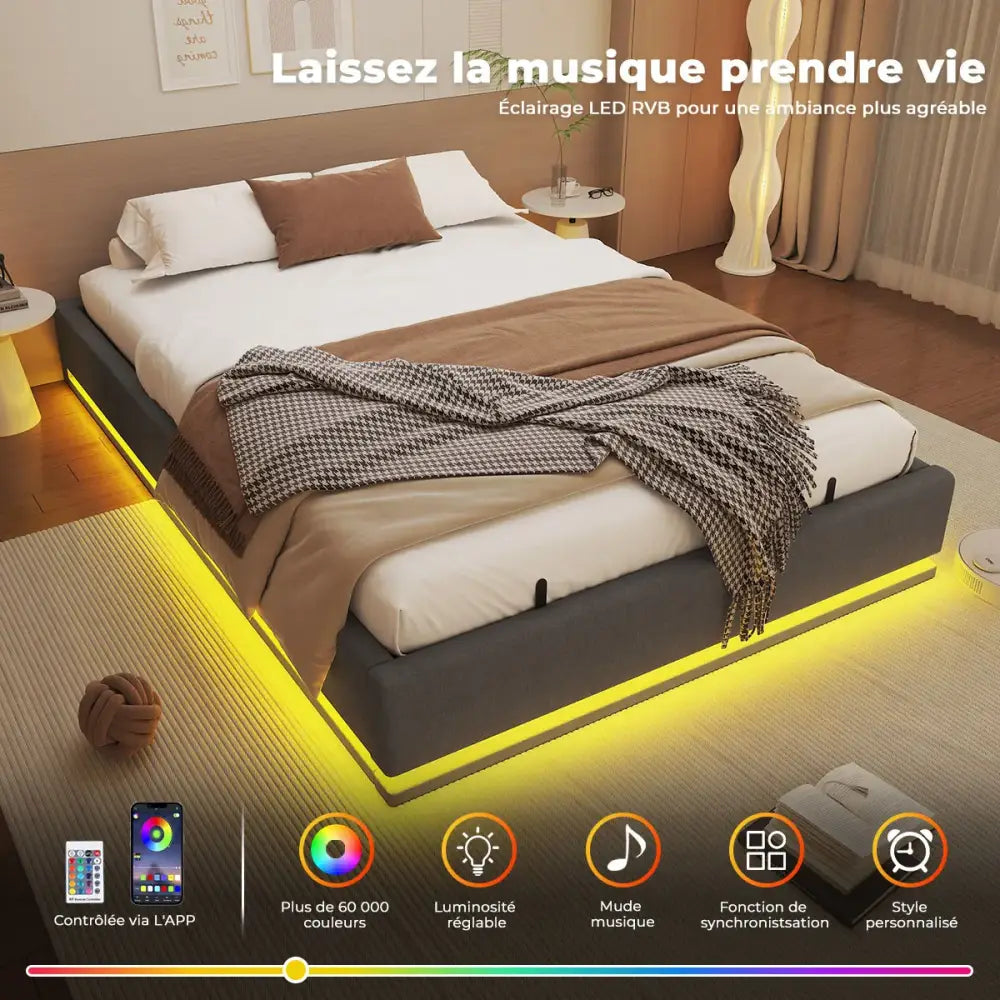 Lit double 160 × 200 cm avec rangement et LED RGB - Gris / France - Lit double avec rangement