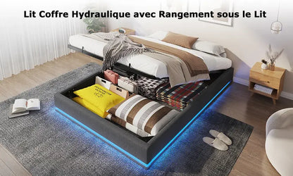 Lit double 160 × 200 cm avec rangement et LED RGB - Gris / France - Lit double avec rangement
