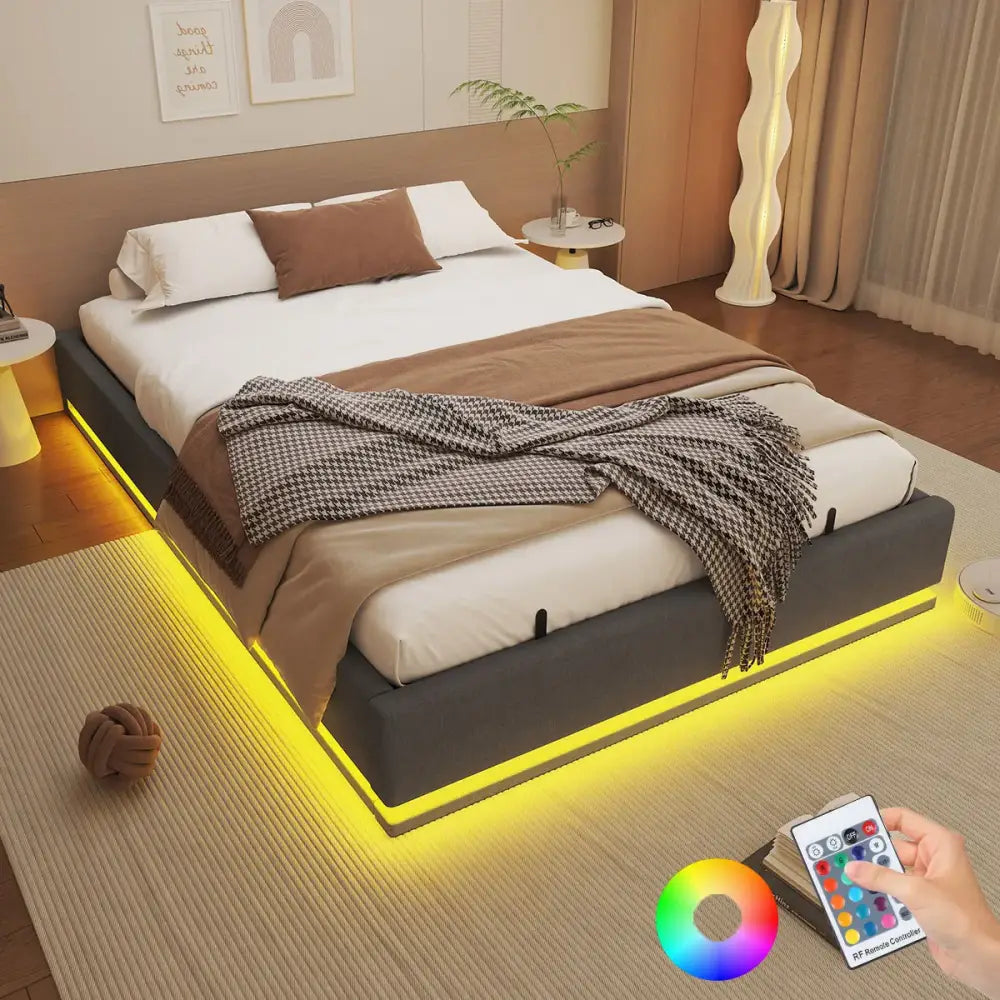 Lit double 160 × 200 cm avec rangement et LED RGB - Gris / France - Lit double avec rangement