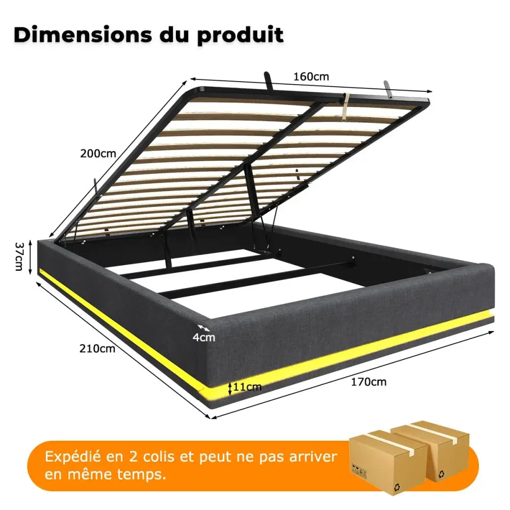 Lit double 160 × 200 cm avec rangement et LED RGB - Gris / France - Lit double avec rangement