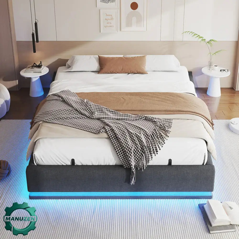 Lit double 160 × 200 cm avec rangement et LED RGB - Gris / France - Lit double avec rangement