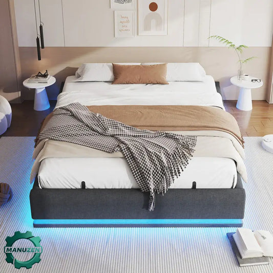 Lit double 160 × 200 cm avec rangement et LED RGB - Gris / France - Lit double avec rangement