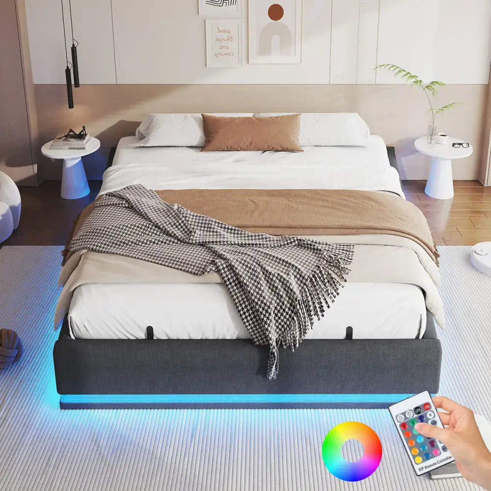 Lit double 160 × 200 cm avec rangement et LED RGB - Gris / France - Lit double avec rangement