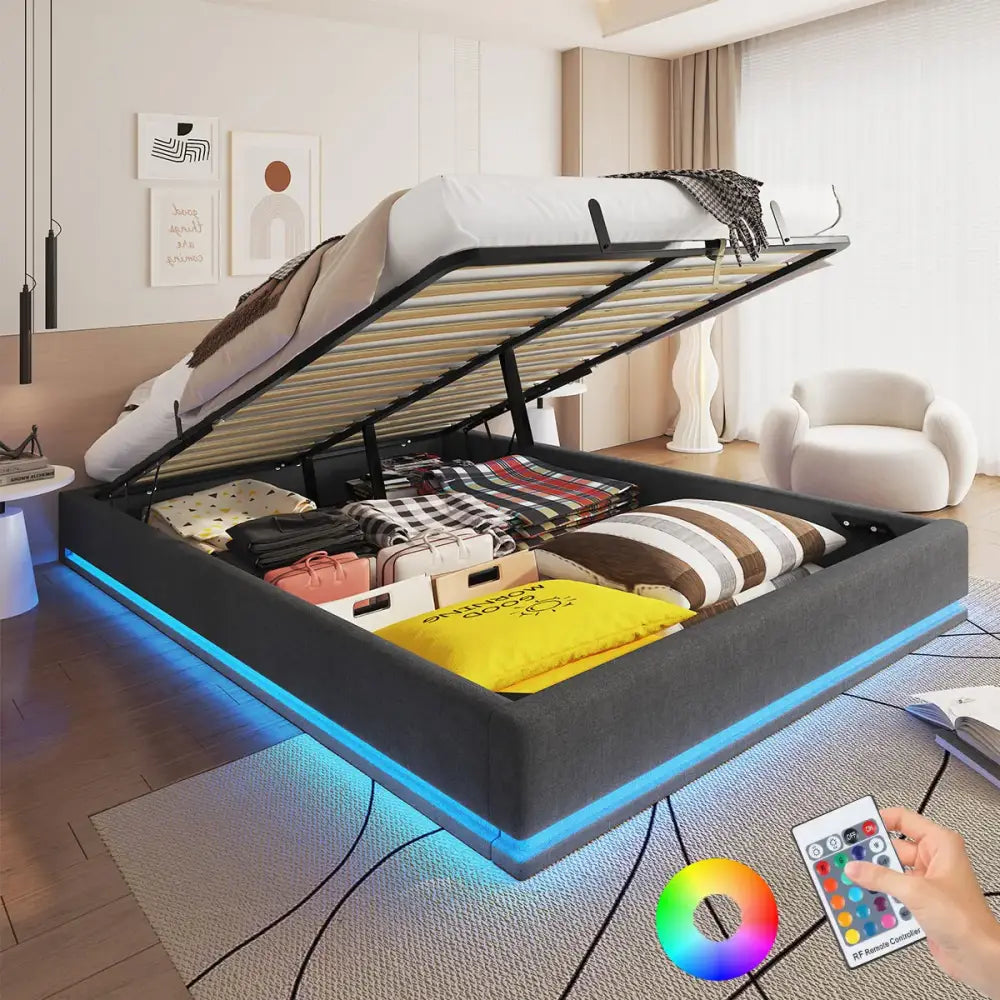 Lit double 160 × 200 cm avec rangement et LED RGB - Gris / France - Lit double avec rangement