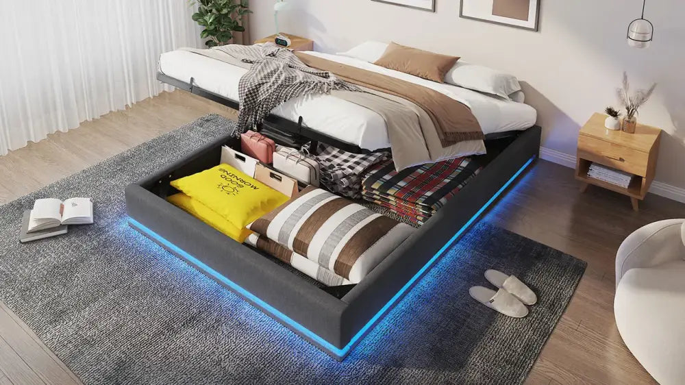 Lit double 160 × 200 cm avec rangement et LED RGB - Gris / France - Lit double avec rangement