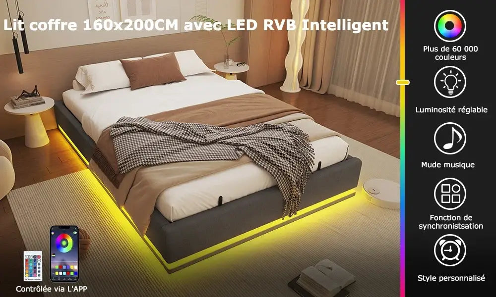 Lit double 160 × 200 cm avec rangement et LED RGB - Gris / France - Lit double avec rangement