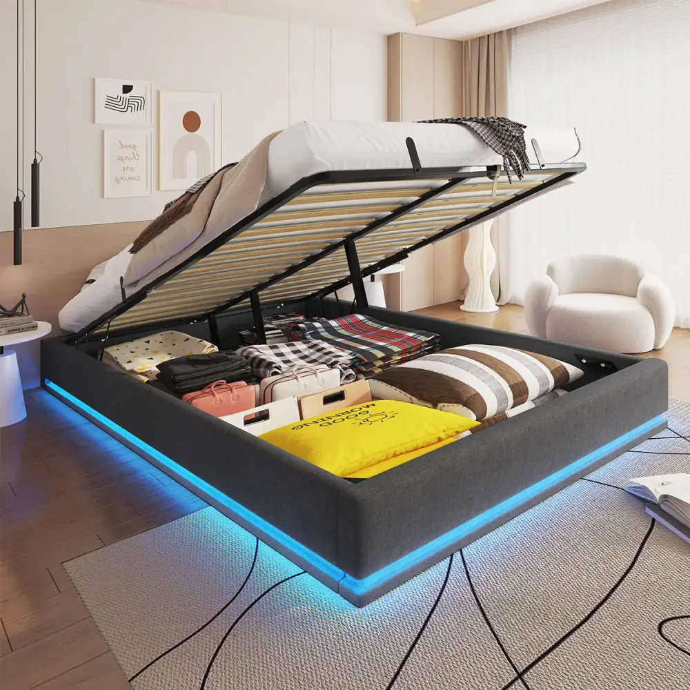 Lit double 160 × 200 cm avec rangement et LED RGB - Gris / France - Lit double avec rangement