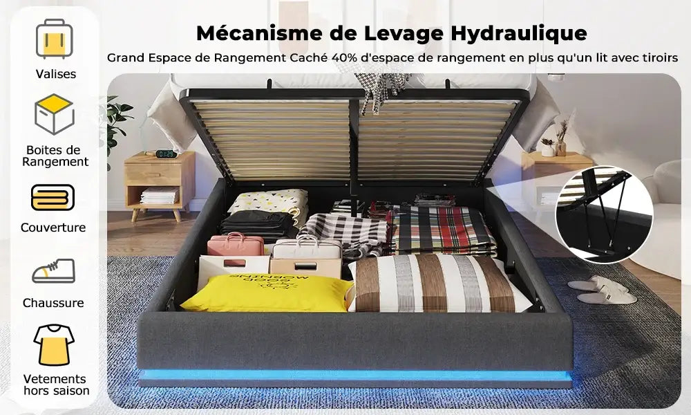 Lit double 160 × 200 cm avec rangement et LED RGB - Gris / France - Lit double avec rangement