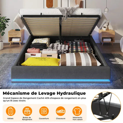 Lit double 160 × 200 cm avec rangement et LED RGB - Gris / France - Lit double avec rangement