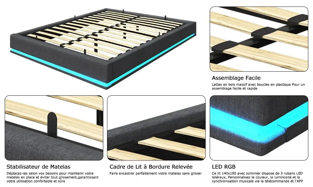 Lit double 160 × 200 cm avec rangement et LED RGB - Gris / France - Lit double avec rangement