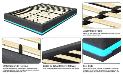 Lit double 160 × 200 cm avec rangement et LED RGB - Gris / France - Lit double avec rangement