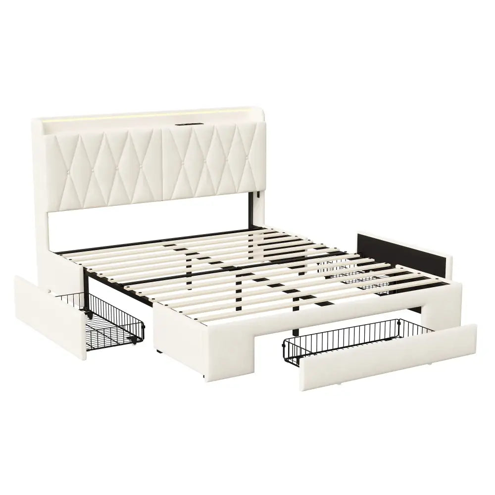 Lit double avec rangement, LED et USB, 140 ou 160 × 200 cm — Superaly Beige France