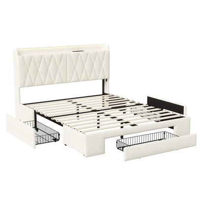 Lit double avec rangement, LED et USB, 140 ou 160 × 200 cm — Superaly Beige France