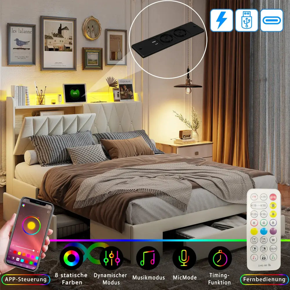 Lit double avec rangement, LED et USB, 140 ou 160 × 200 cm — Superaly