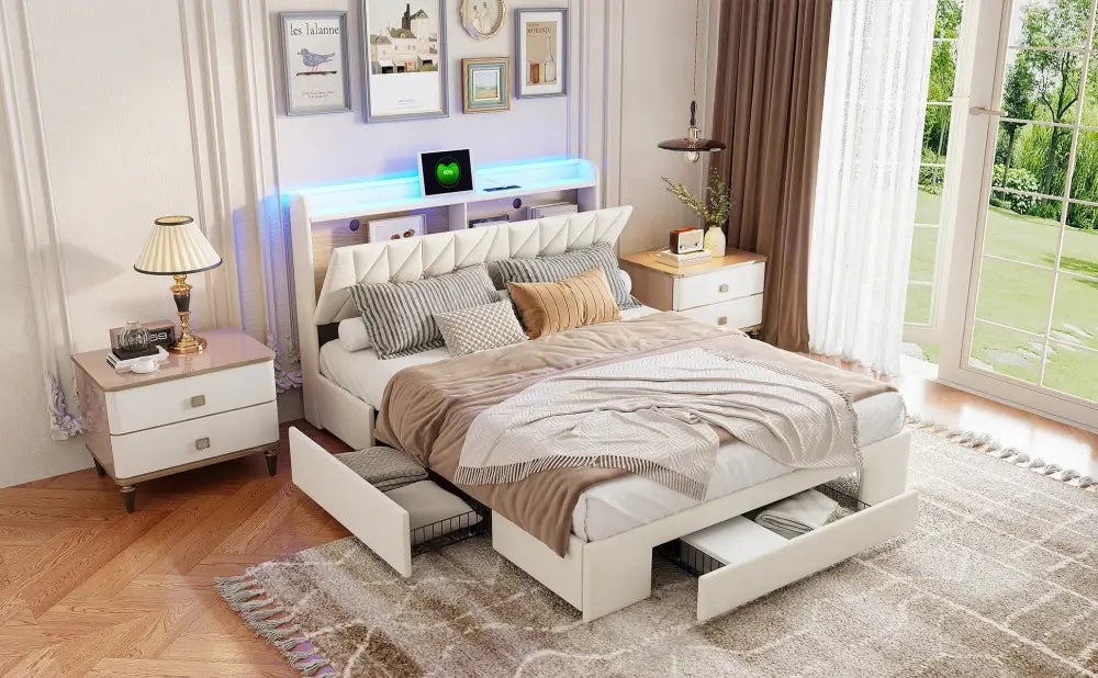 Lit double avec rangement, LED et USB, 140 ou 160 × 200 cm — Superaly