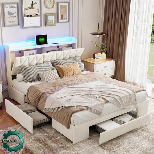 Lit double avec rangement, LED et USB, 140 ou 160 × 200 cm — Superaly