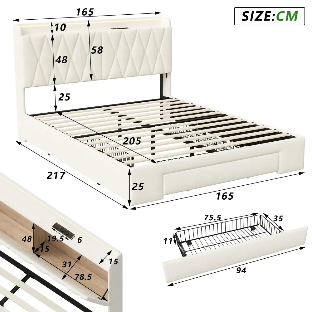 Lit double avec rangement, LED et USB, 140 ou 160 × 200 cm — Superaly
