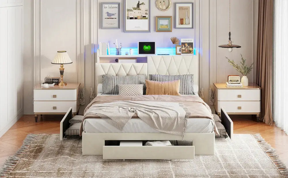 Lit double avec rangement, LED et USB, 140 ou 160 × 200 cm — Superaly