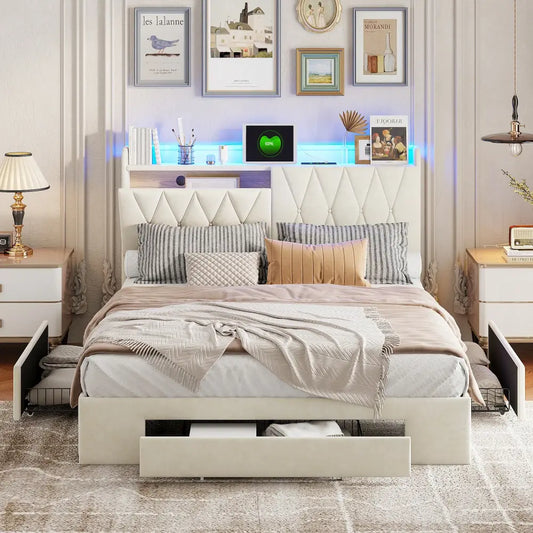 Lit double avec rangement, LED et USB, 140 ou 160 × 200 cm — Superaly