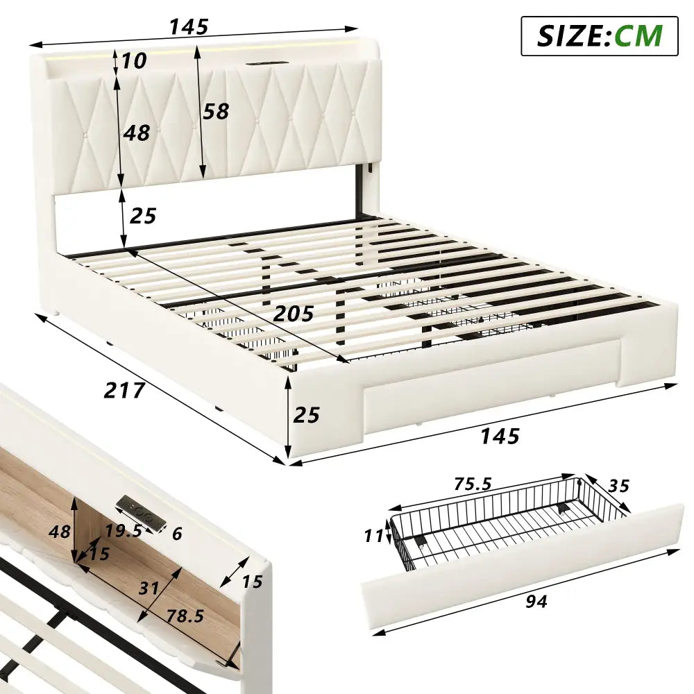 Lit double avec rangement, LED et USB, 140 ou 160 × 200 cm — Superaly