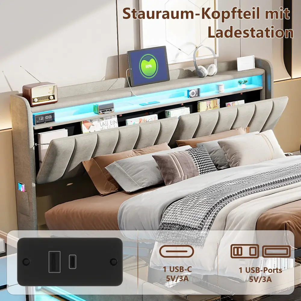 Lit double LED avec USB et rangement en velours – 140 ou 160 × 200 cm - Lit double avec rangement