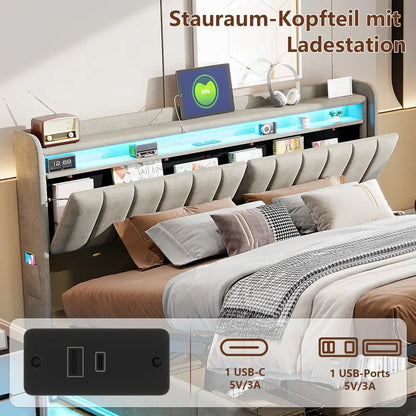 Lit double LED avec USB et rangement en velours – 140 ou 160 × 200 cm - Lit double avec rangement