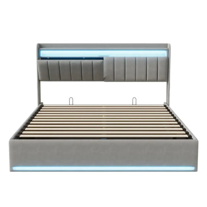 Lit double LED avec USB et rangement en velours – 140 ou 160 × 200 cm - Lit double avec rangement
