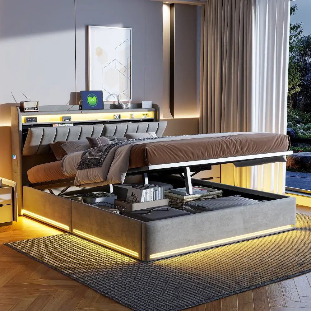 Lit double LED avec USB et rangement en velours – 140 ou 160 × 200 cm - Lit double avec rangement
