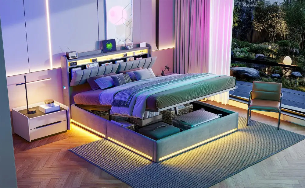 Lit double LED avec USB et rangement en velours – 140 ou 160 × 200 cm - Lit double avec rangement