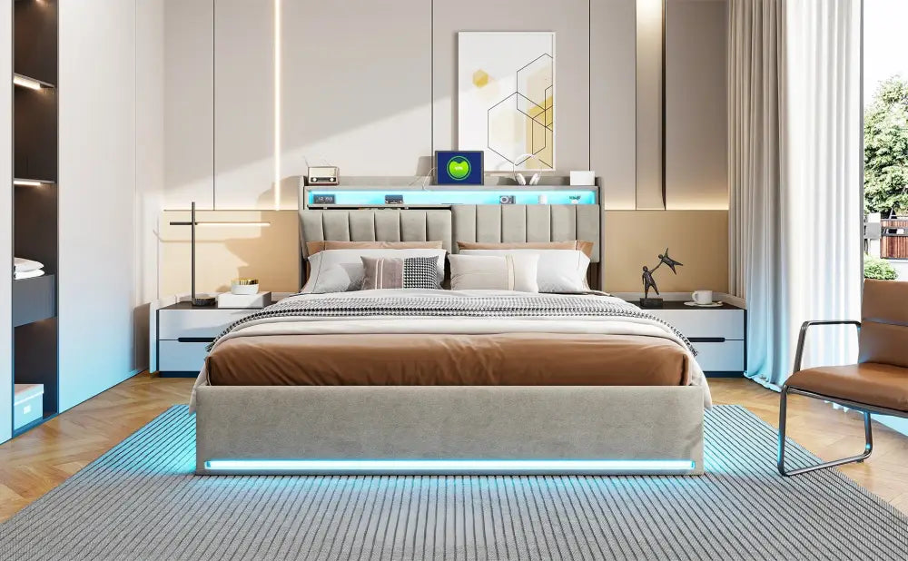 Lit double LED avec USB et rangement en velours – 140 ou 160 × 200 cm - Lit double avec rangement