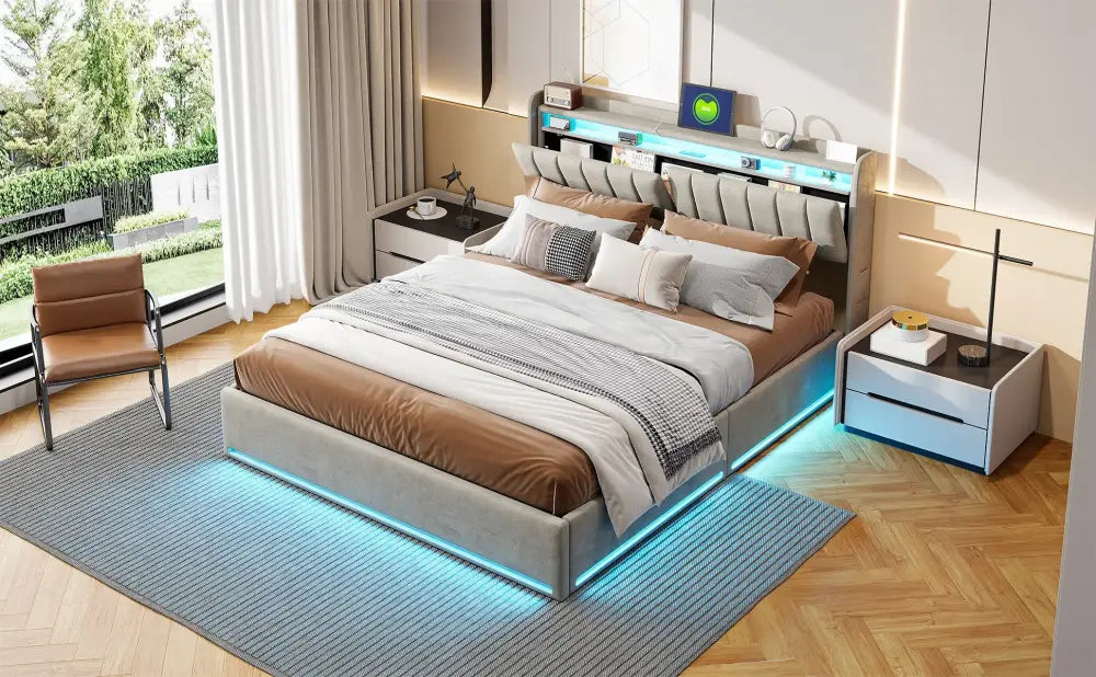 Lit double LED avec USB et rangement en velours – 140 ou 160 × 200 cm - Lit double avec rangement