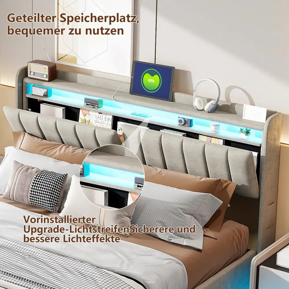 Lit double LED avec USB et rangement en velours – 140 ou 160 × 200 cm - Lit double avec rangement